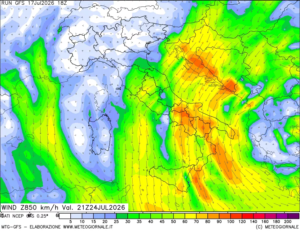 mappa 850 hPa Vento forza e direzione