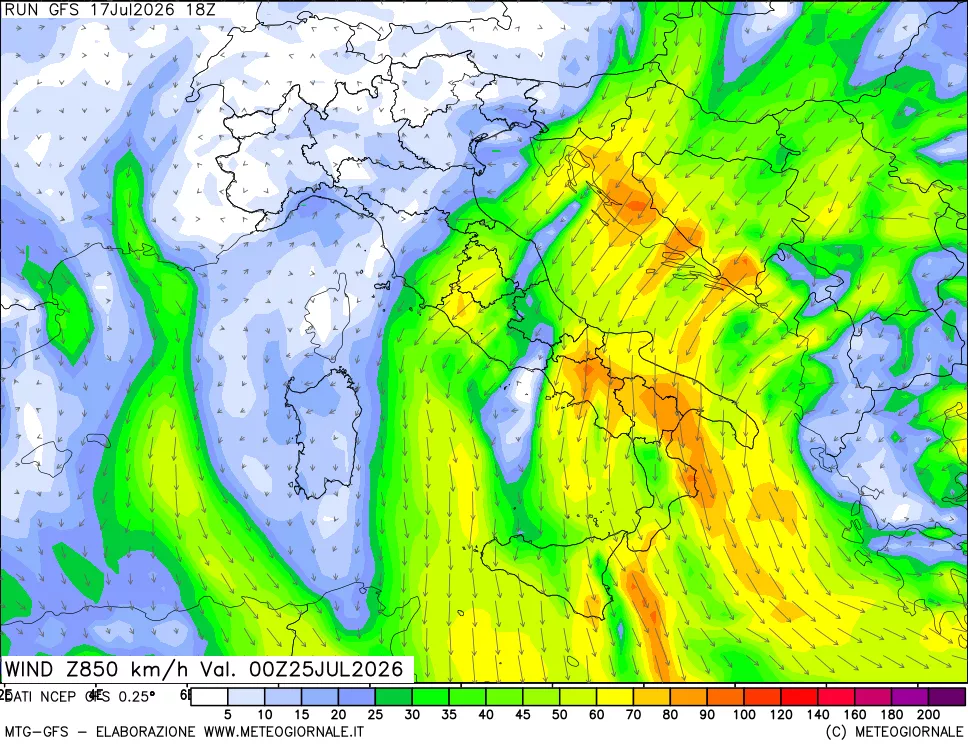 mappa 850 hPa Vento forza e direzione