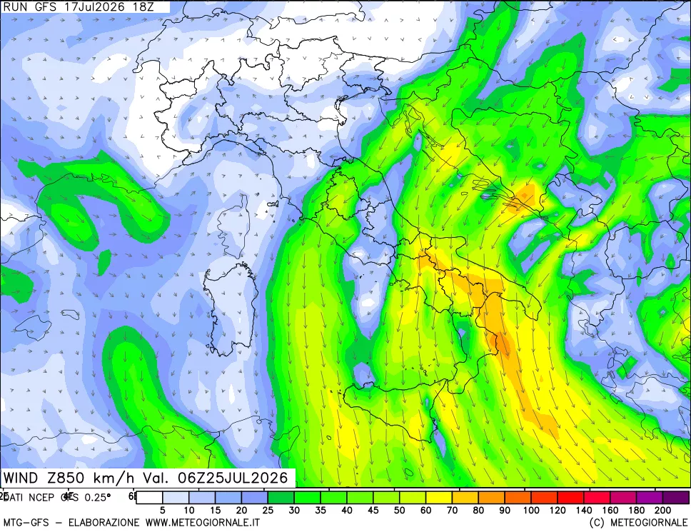 mappa 850 hPa Vento forza e direzione
