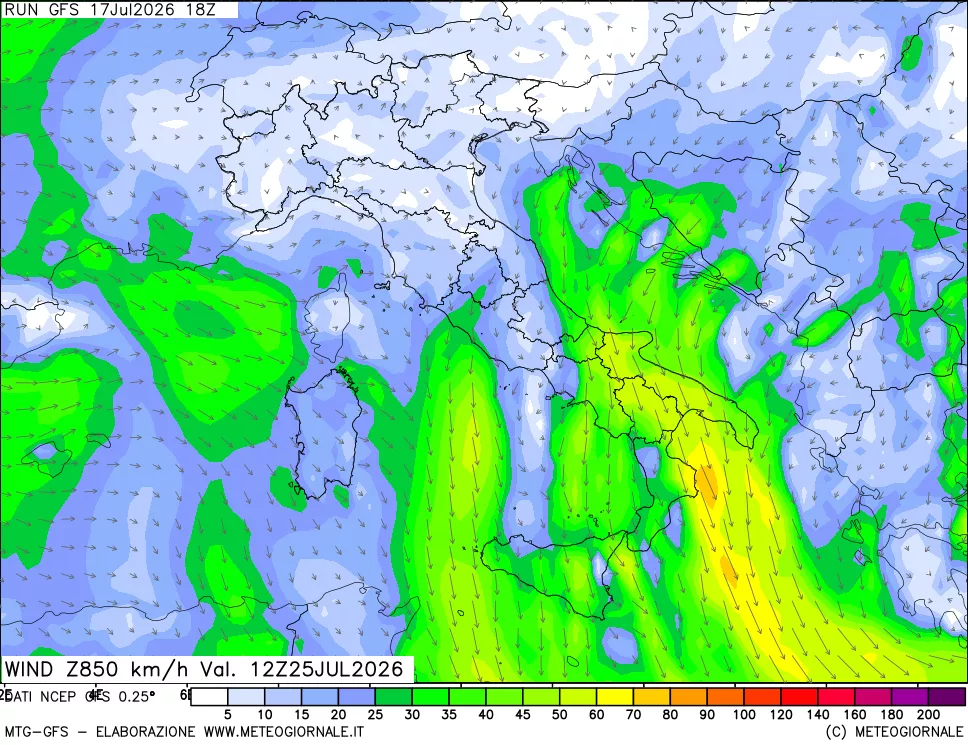 mappa 850 hPa Vento forza e direzione