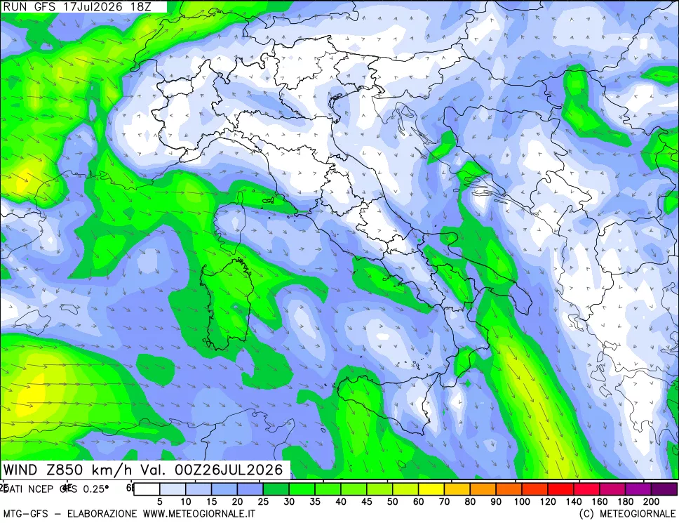 mappa 850 hPa Vento forza e direzione