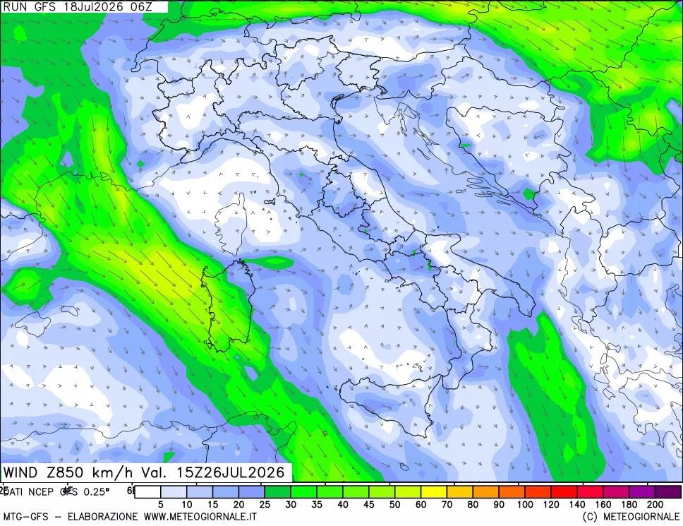 mappa 850 hPa Vento forza e direzione