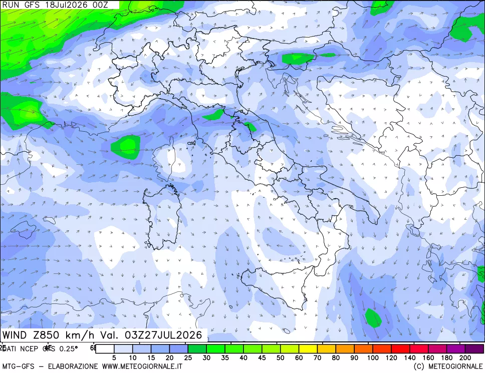 mappa 850 hPa Vento forza e direzione