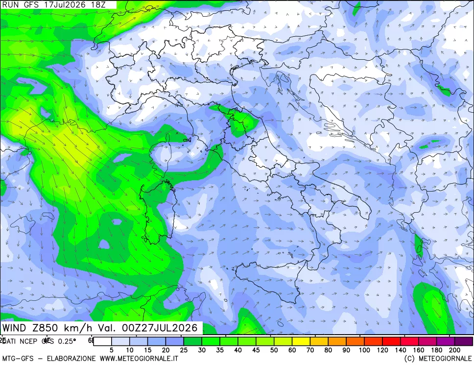 mappa 850 hPa Vento forza e direzione