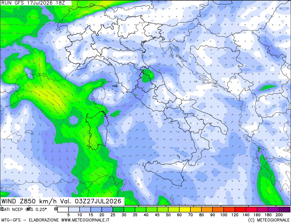 mappa 850 hPa Vento forza e direzione