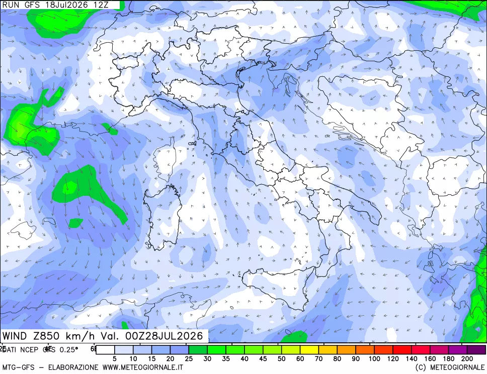 mappa 850 hPa Vento forza e direzione
