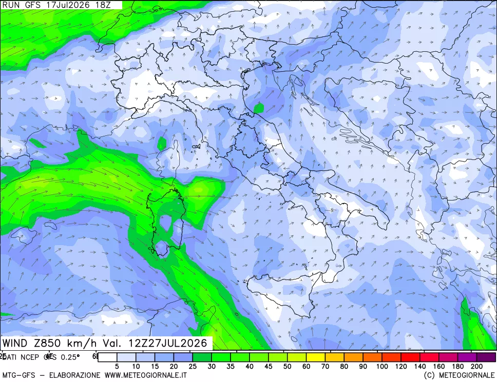 mappa 850 hPa Vento forza e direzione