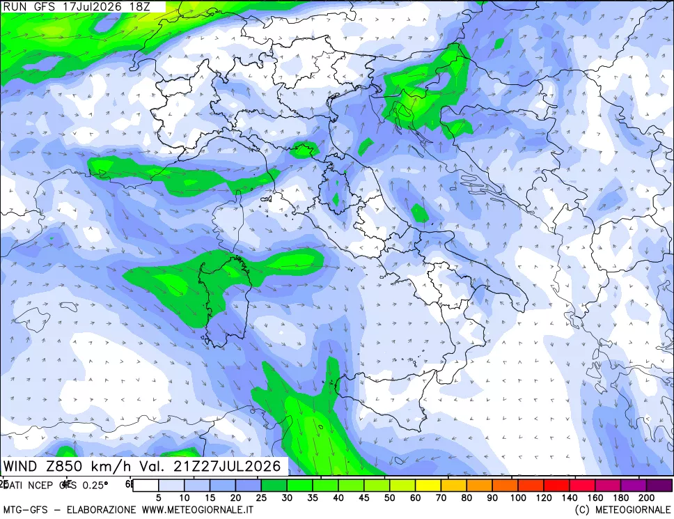 mappa 850 hPa Vento forza e direzione