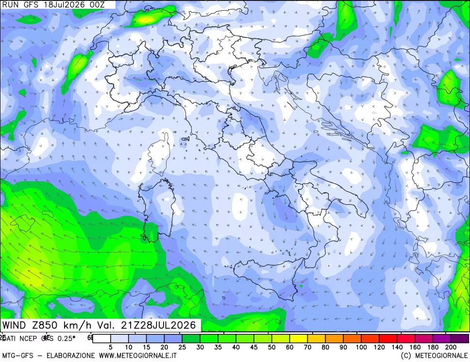 mappa 850 hPa Vento forza e direzione