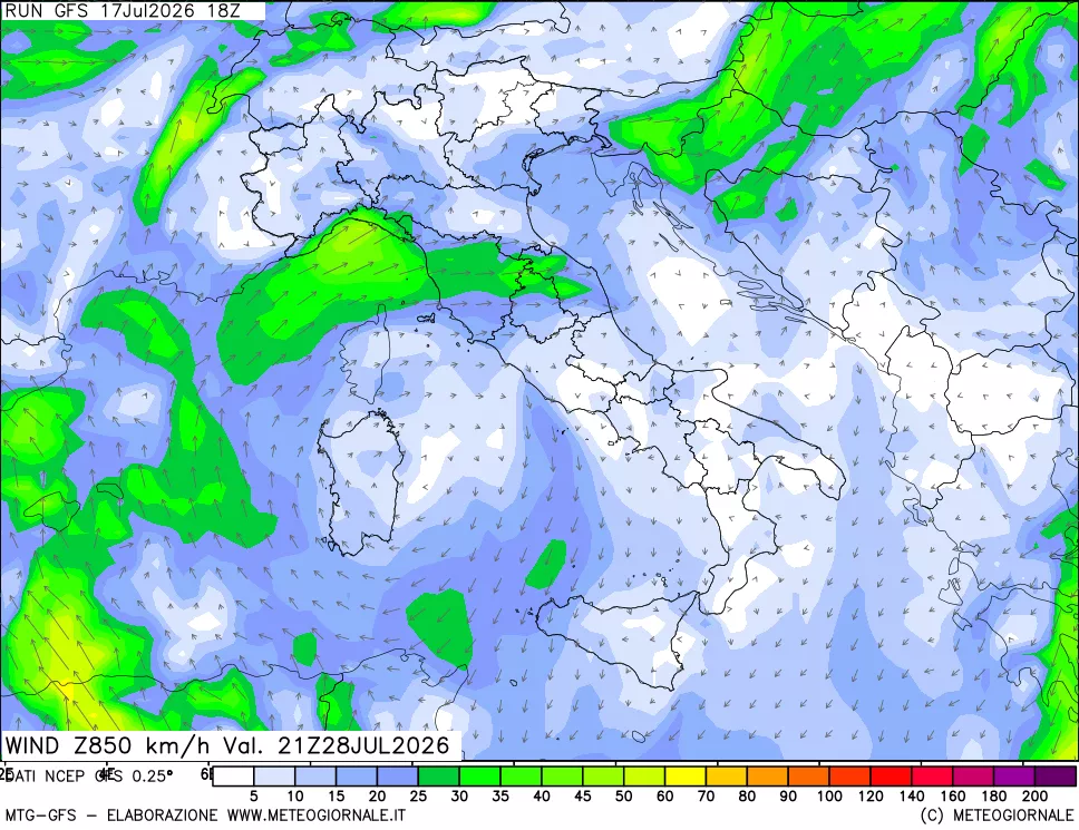 mappa 850 hPa Vento forza e direzione