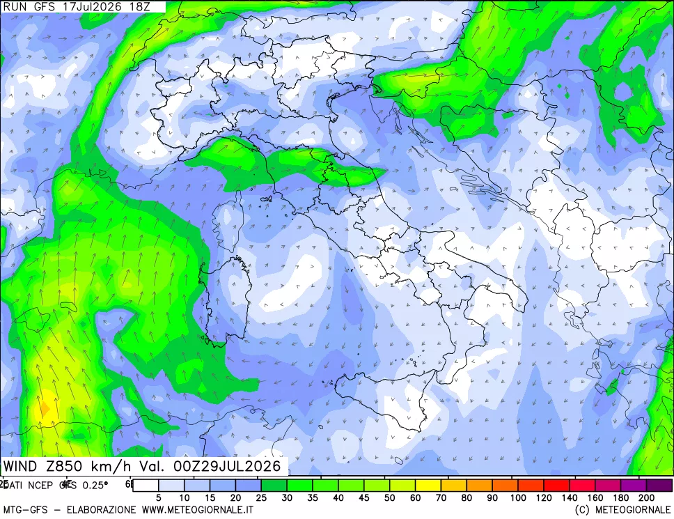 mappa 850 hPa Vento forza e direzione