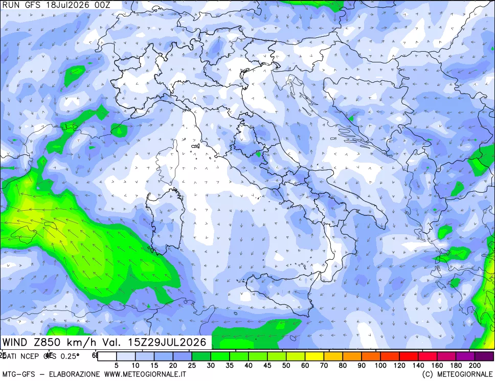 mappa 850 hPa Vento forza e direzione