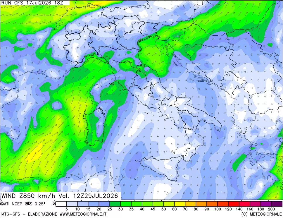 mappa 850 hPa Vento forza e direzione