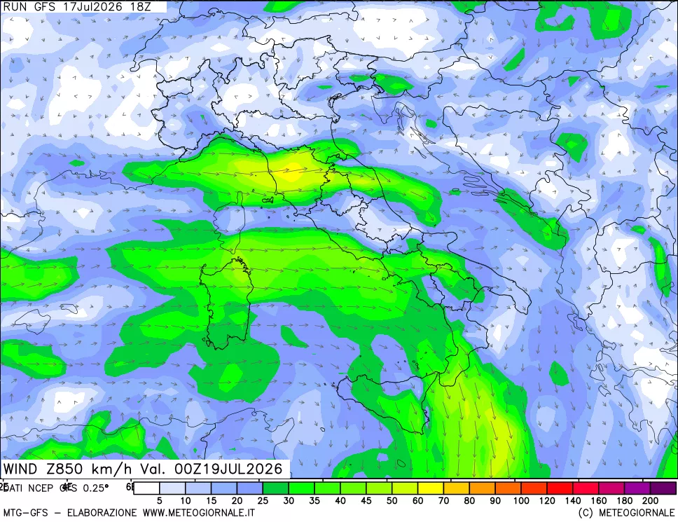 mappa 850 hPa Vento forza e direzione