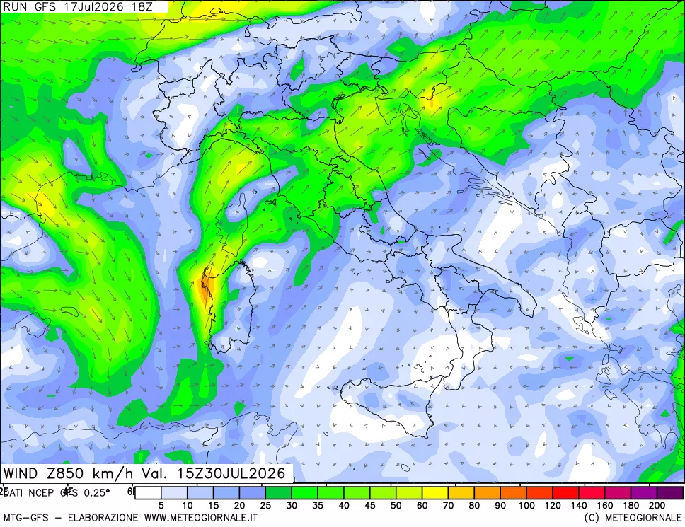 mappa 850 hPa Vento forza e direzione