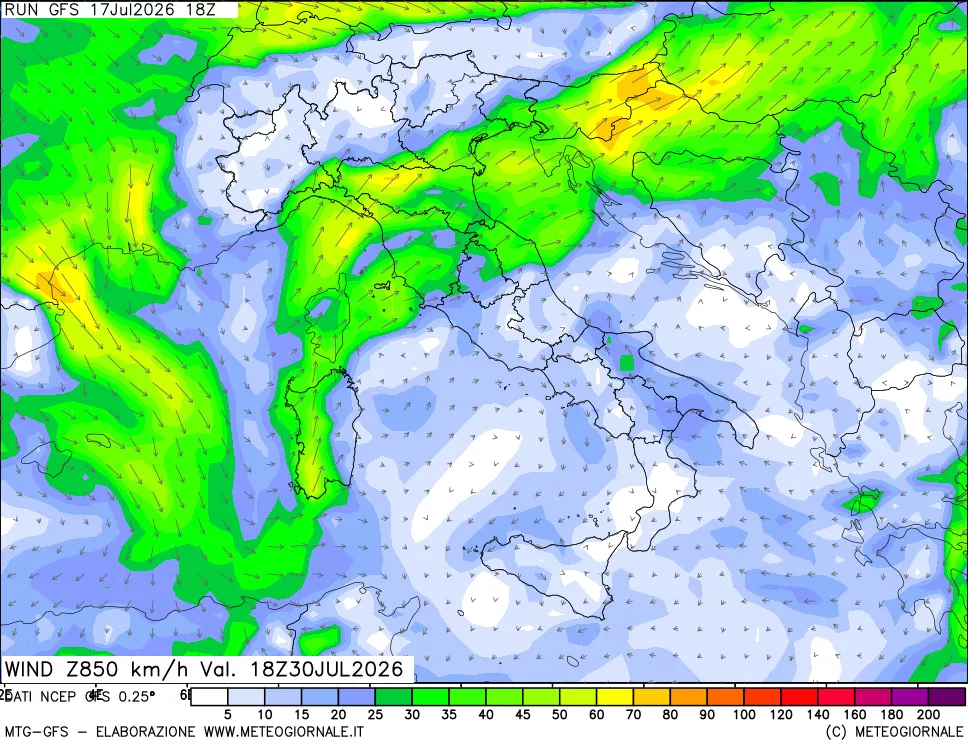 mappa 850 hPa Vento forza e direzione