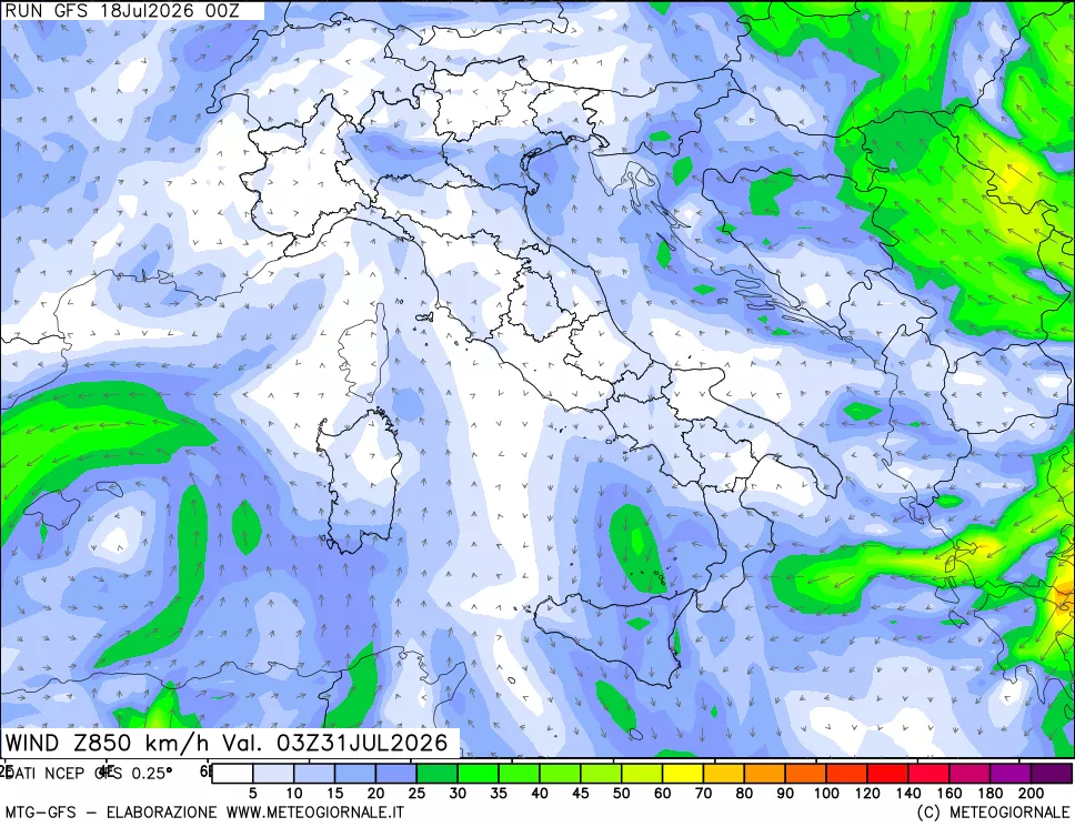 mappa 850 hPa Vento forza e direzione