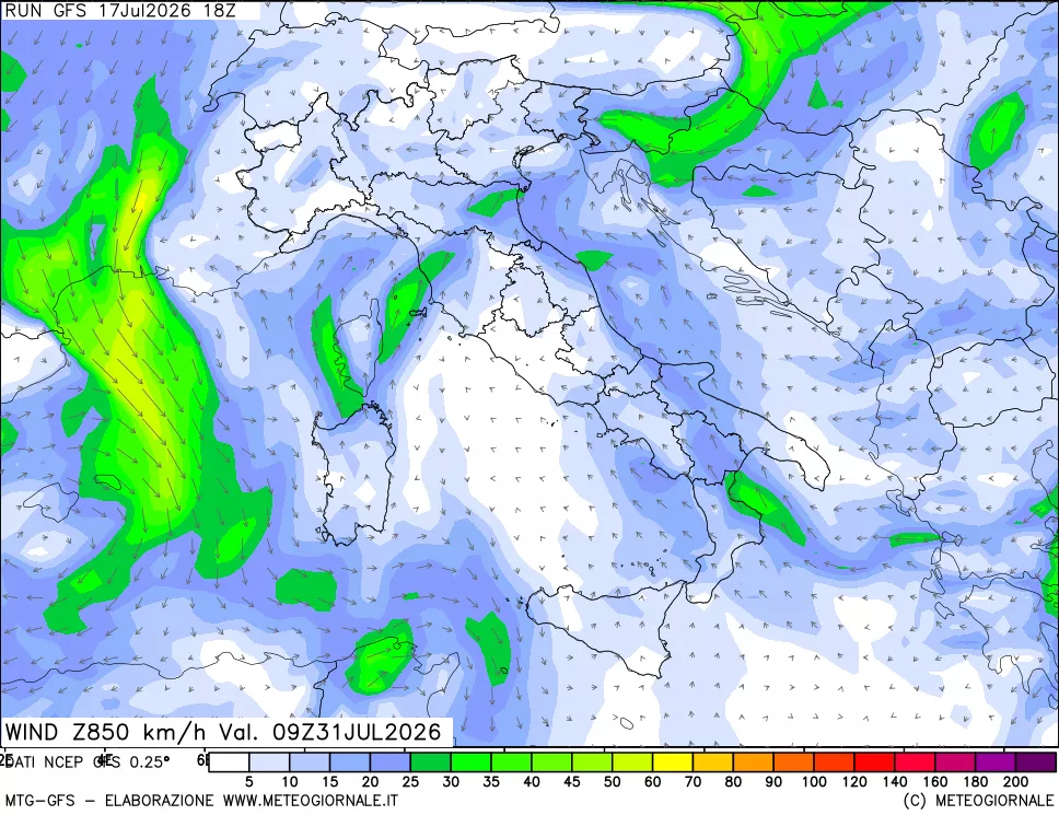 mappa 850 hPa Vento forza e direzione