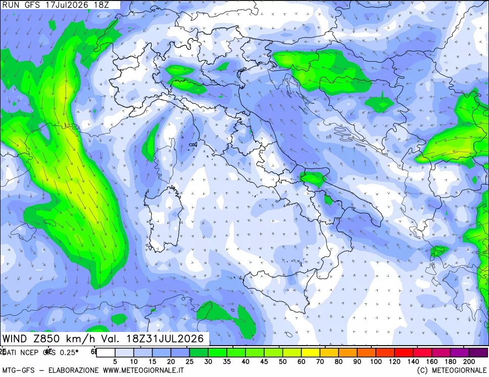 mappa 850 hPa Vento forza e direzione
