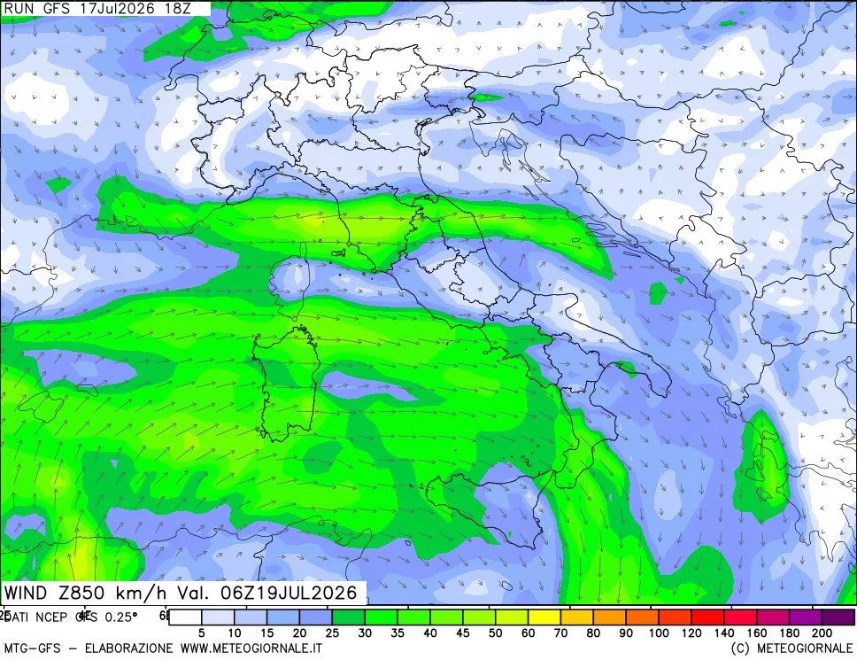 mappa 850 hPa Vento forza e direzione