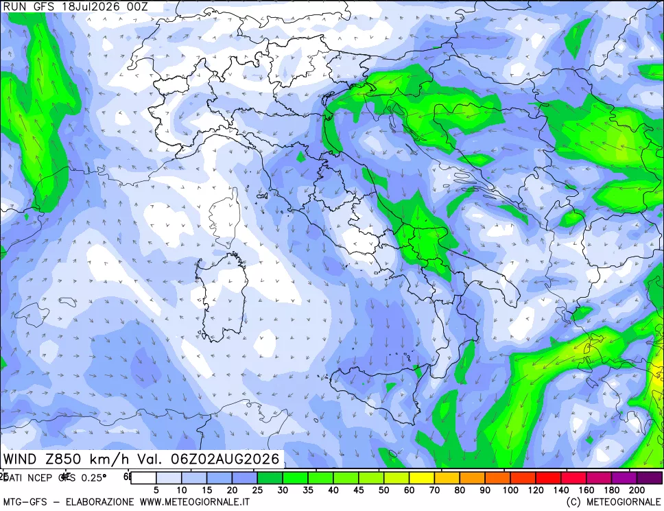 mappa 850 hPa Vento forza e direzione