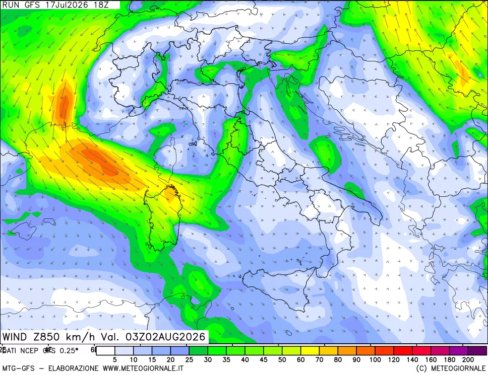 mappa 850 hPa Vento forza e direzione