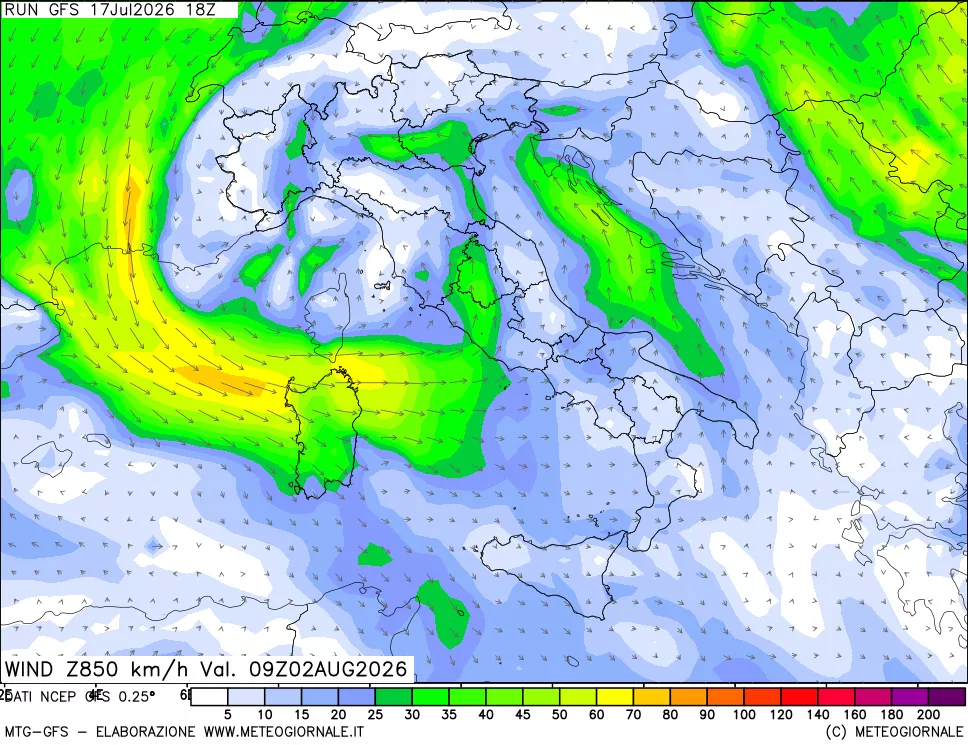 mappa 850 hPa Vento forza e direzione