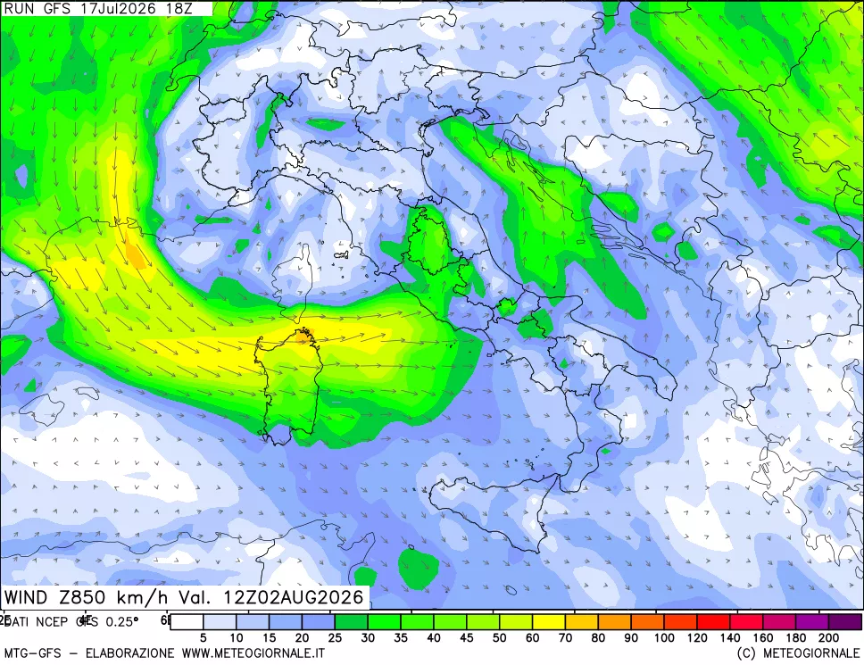 mappa 850 hPa Vento forza e direzione