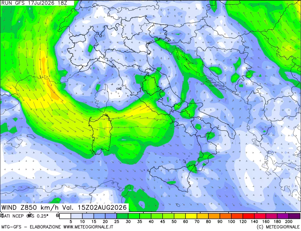 mappa 850 hPa Vento forza e direzione