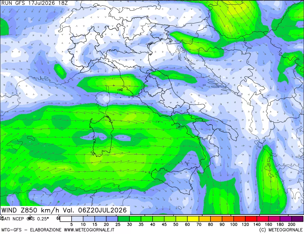 mappa 850 hPa Vento forza e direzione