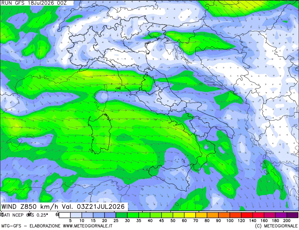 mappa 850 hPa Vento forza e direzione