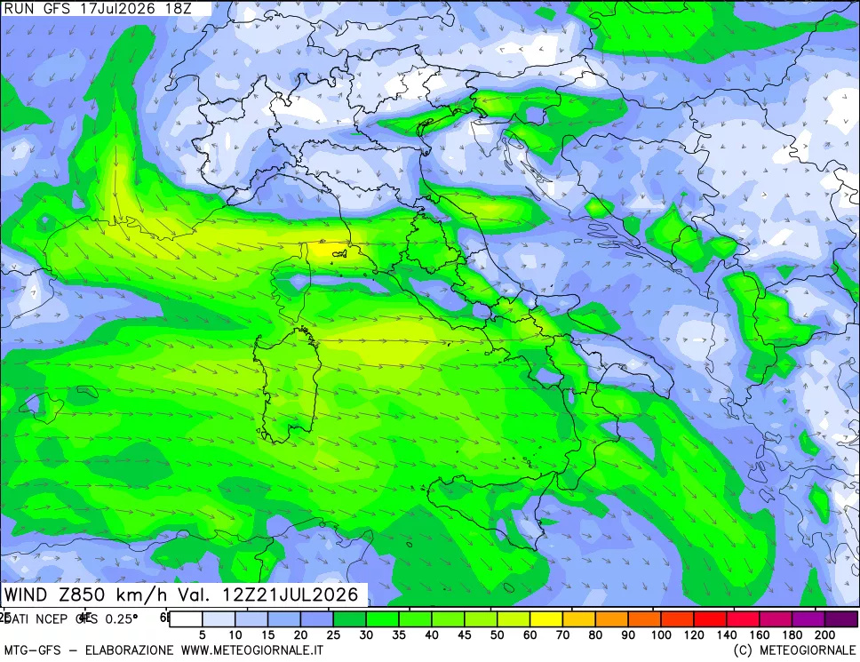 mappa 850 hPa Vento forza e direzione