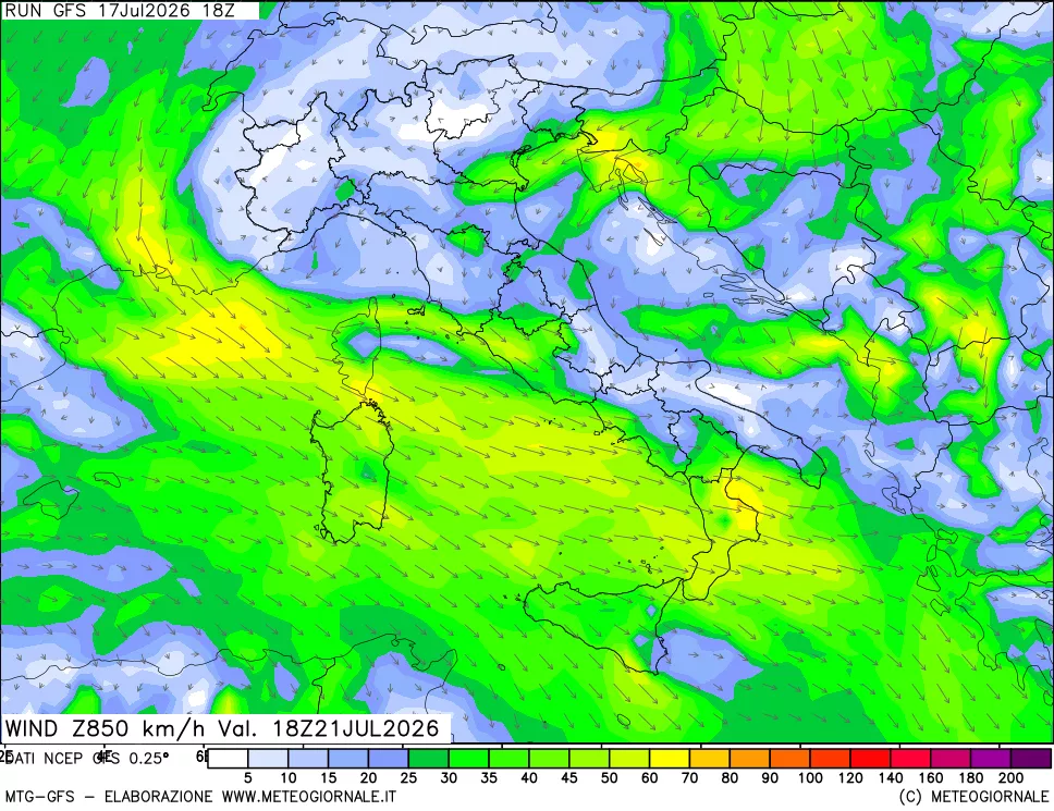 mappa 850 hPa Vento forza e direzione