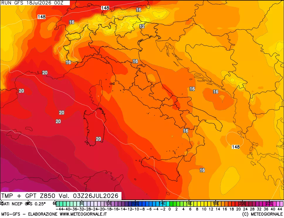 mappa 850 hPa Temp + GPT