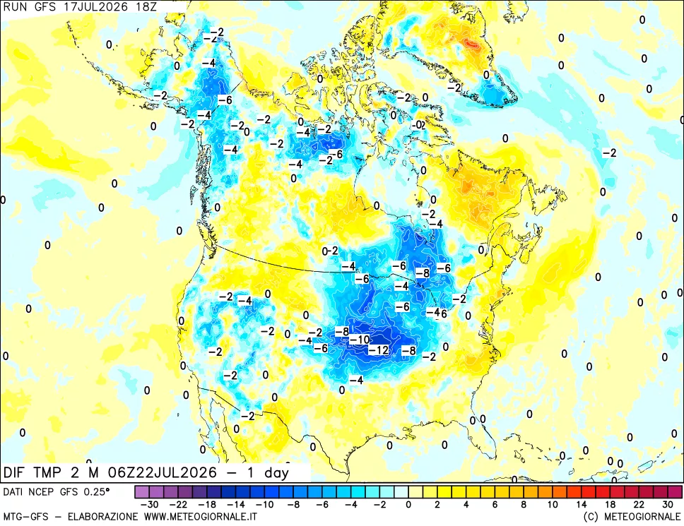 mappa Dif. Temp a 2 metri Valid - 1 day
