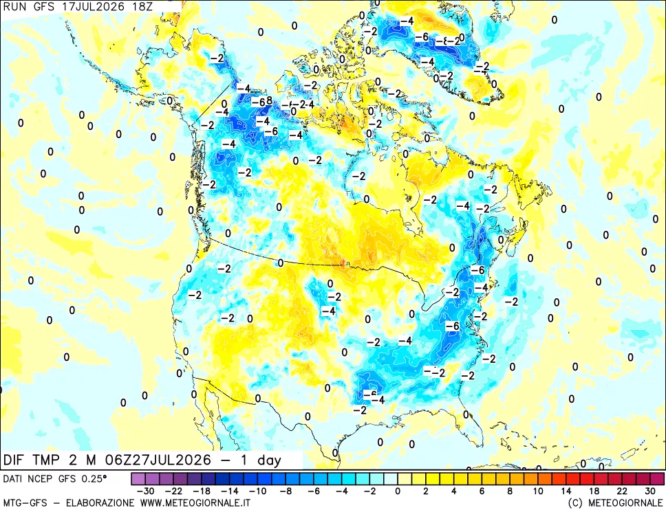 mappa Dif. Temp a 2 metri Valid - 1 day