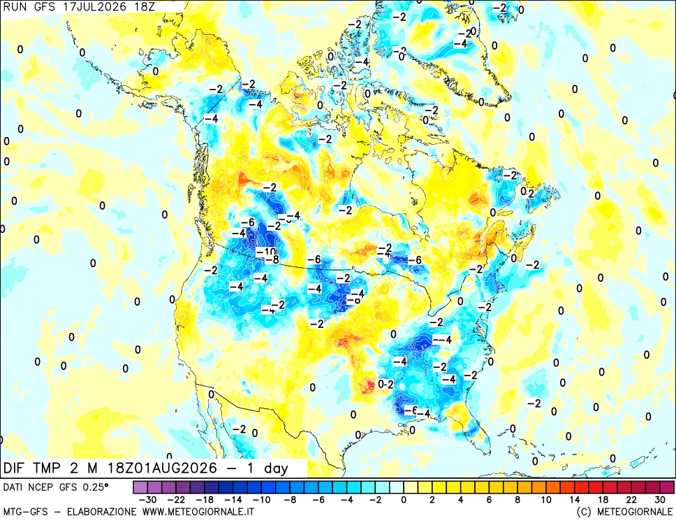 mappa Dif. Temp a 2 metri Valid - 1 day
