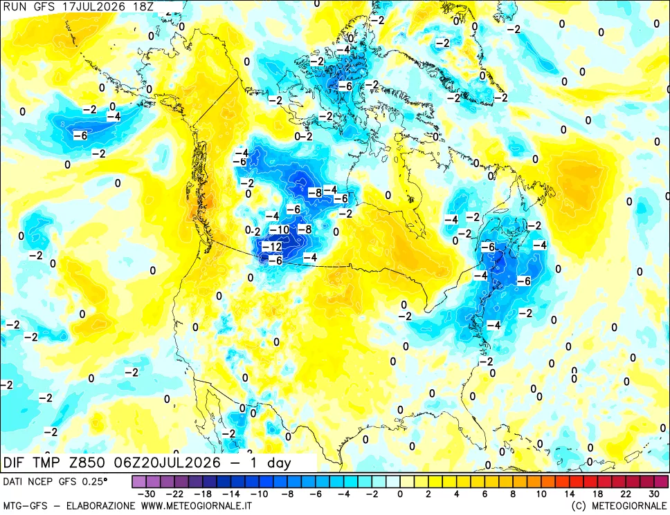mappa Dif. Temp a 850 hPa Valid - 1 day