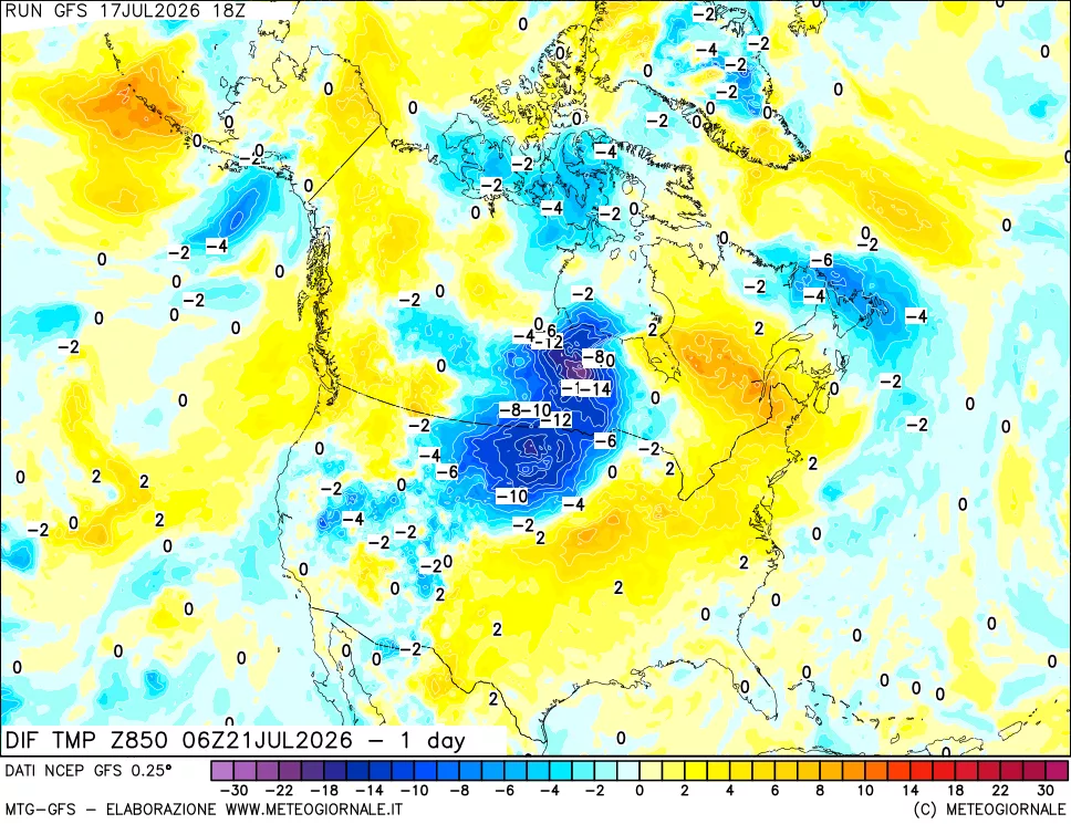 mappa Dif. Temp a 850 hPa Valid - 1 day