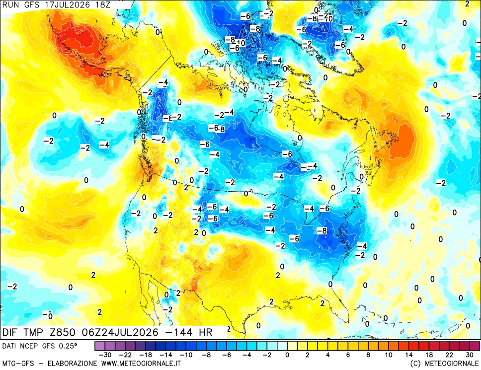 mappa Dif. Temp a 850 hPa Valid - Init