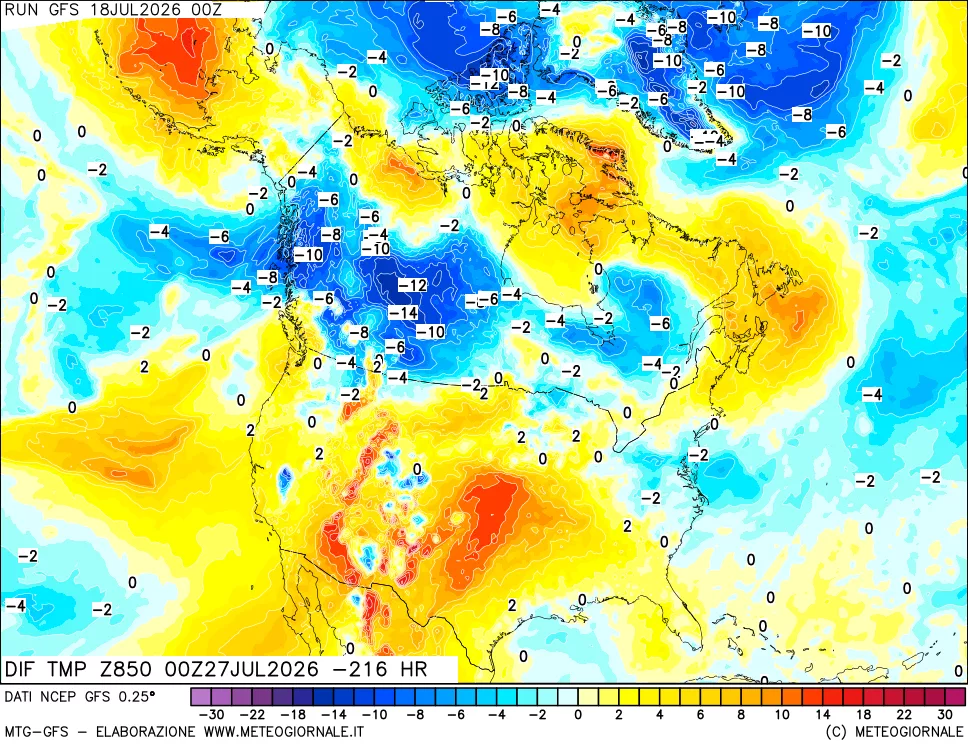 mappa Dif. Temp a 850 hPa Valid - Init