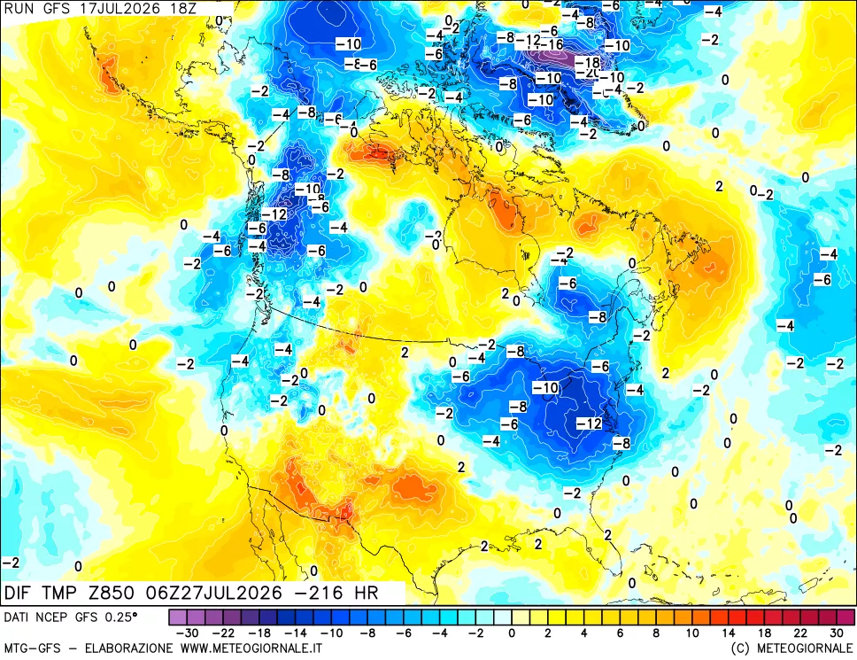 mappa Dif. Temp a 850 hPa Valid - Init