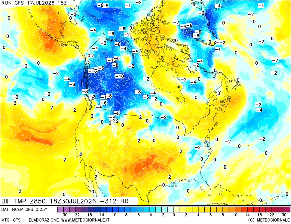 mappa Dif. Temp a 850 hPa Valid - Init