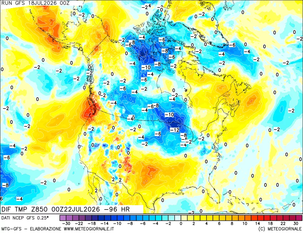 mappa Dif. Temp a 850 hPa Valid - Init