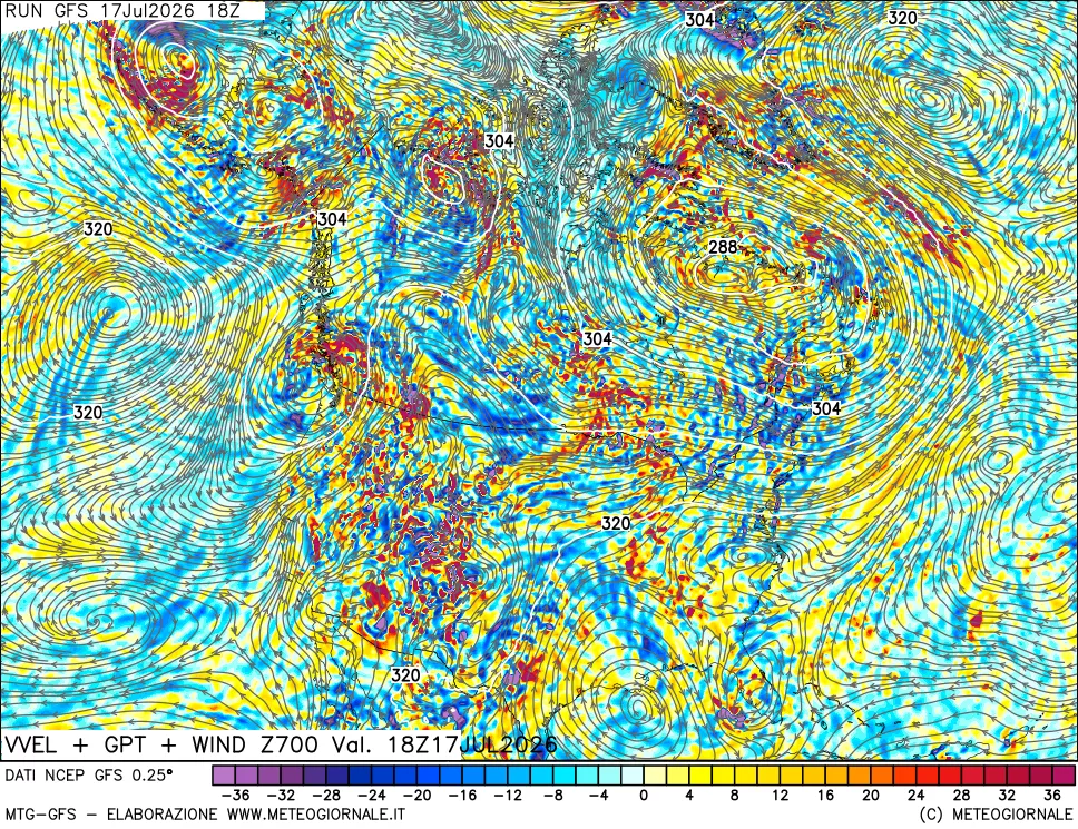 mappa 700 hPa Velocit&agrave; verticiali + GPT + Vento