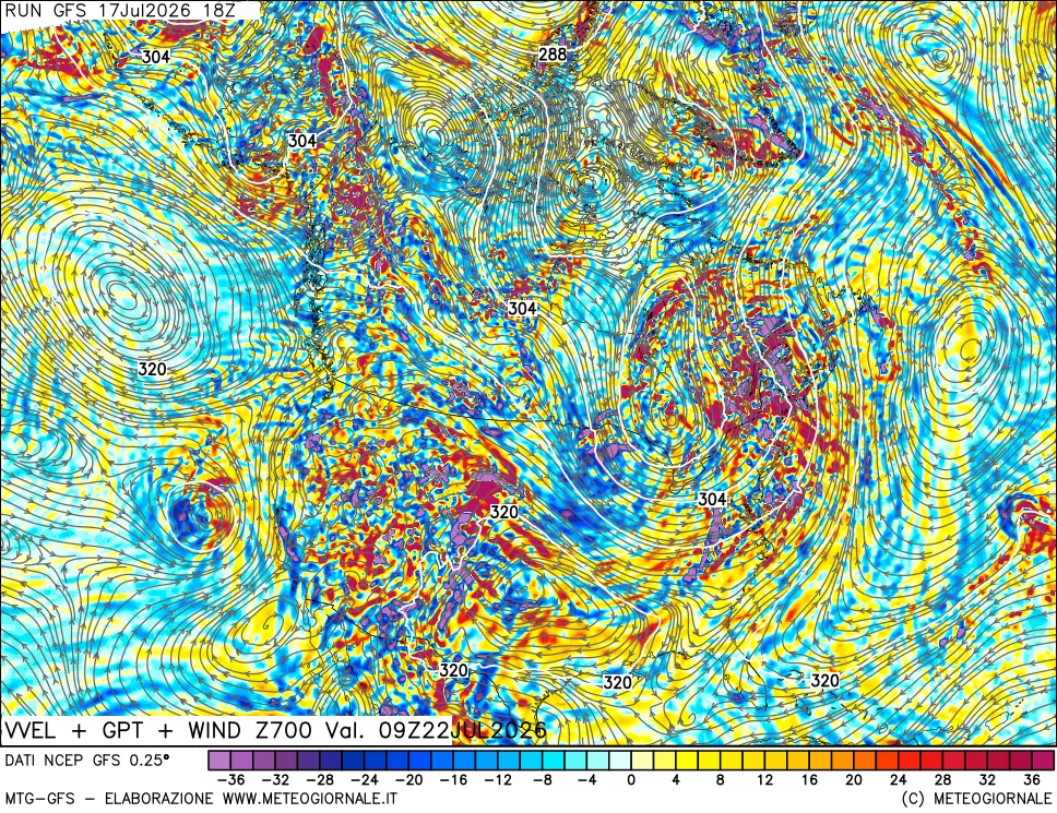 mappa 700 hPa Velocit&agrave; verticiali + GPT + Vento