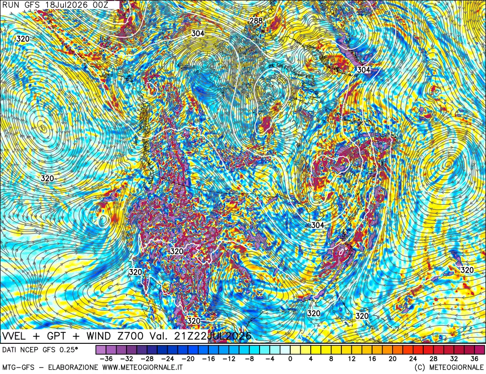 mappa 700 hPa Velocit&agrave; verticiali + GPT + Vento