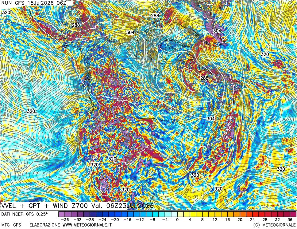 mappa 700 hPa Velocit&agrave; verticiali + GPT + Vento