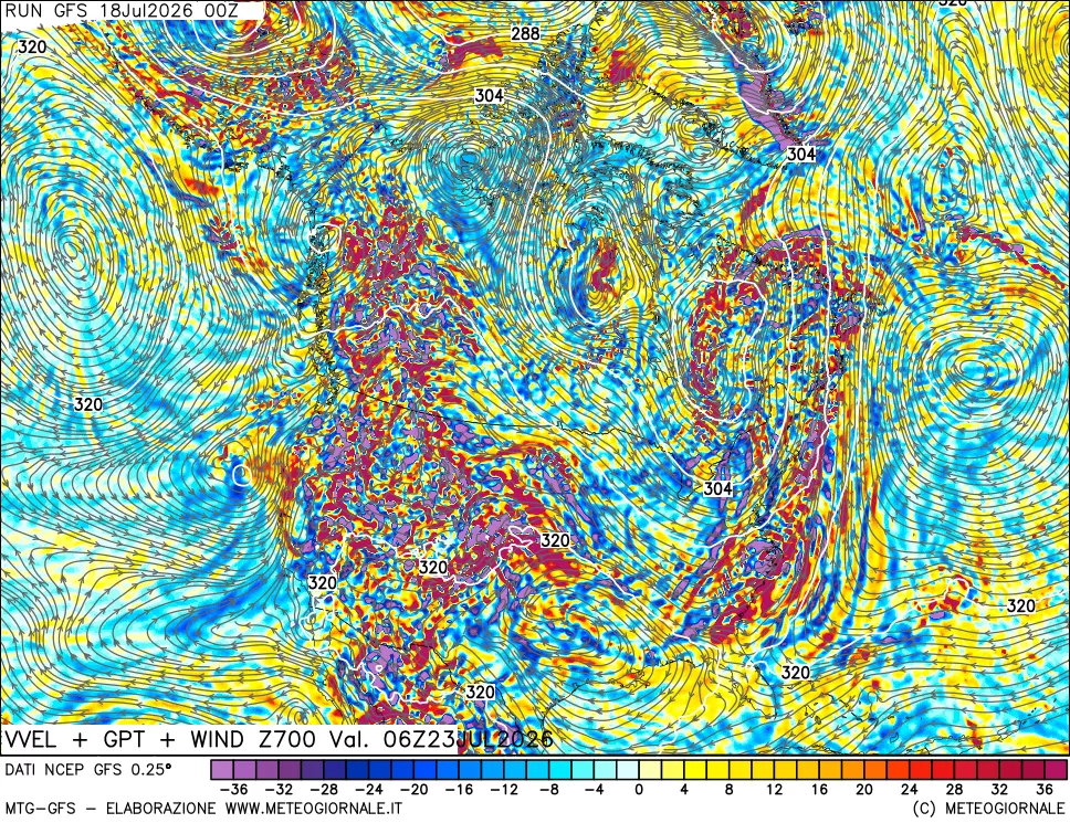 mappa 700 hPa Velocit&agrave; verticiali + GPT + Vento