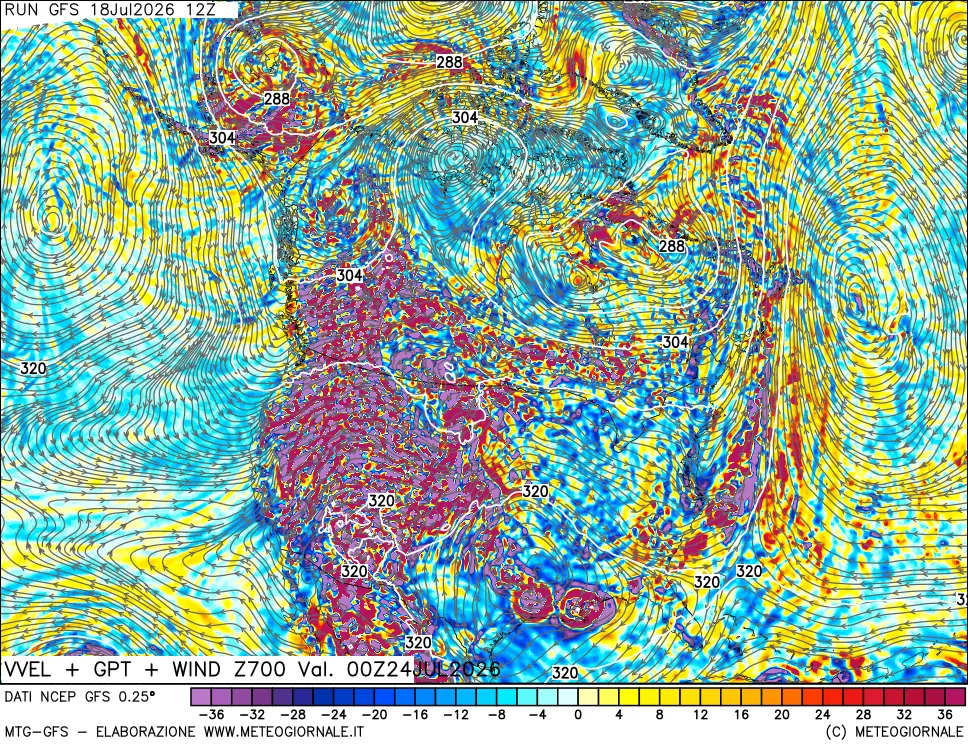 mappa 700 hPa Velocit&agrave; verticiali + GPT + Vento